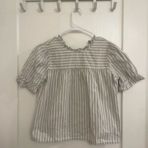 Madewell Cottagecore Indie Puff Sleeve Striped Ruffle Neck Blouse - Gray & White